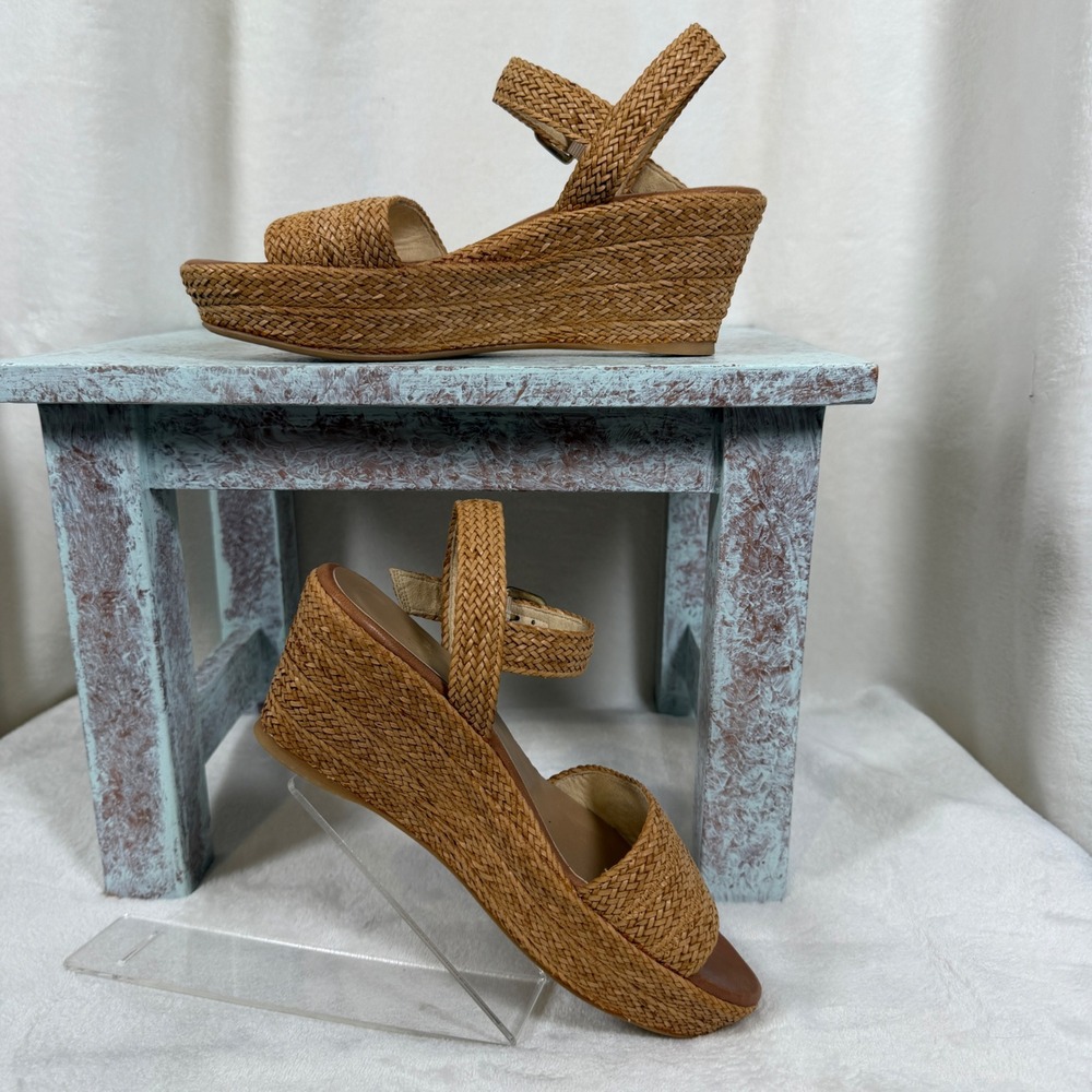 Stuart Weitzman Barbados Wedge Sandals Women 5.5 Tan Woven Platform Ankle Strap - Picture 4 of 11